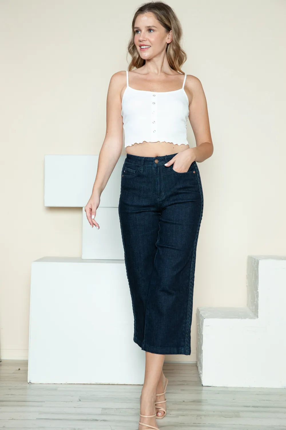 Plus Size Side Seam Braid Detail Crop Wide Leg Jeans in Dark for Women
