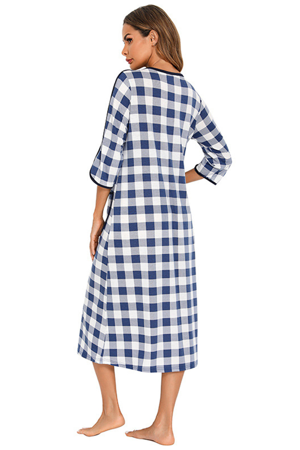 Round Neck Three-Quarter Sleeve Midi Night Dress in Heather Gray for Women