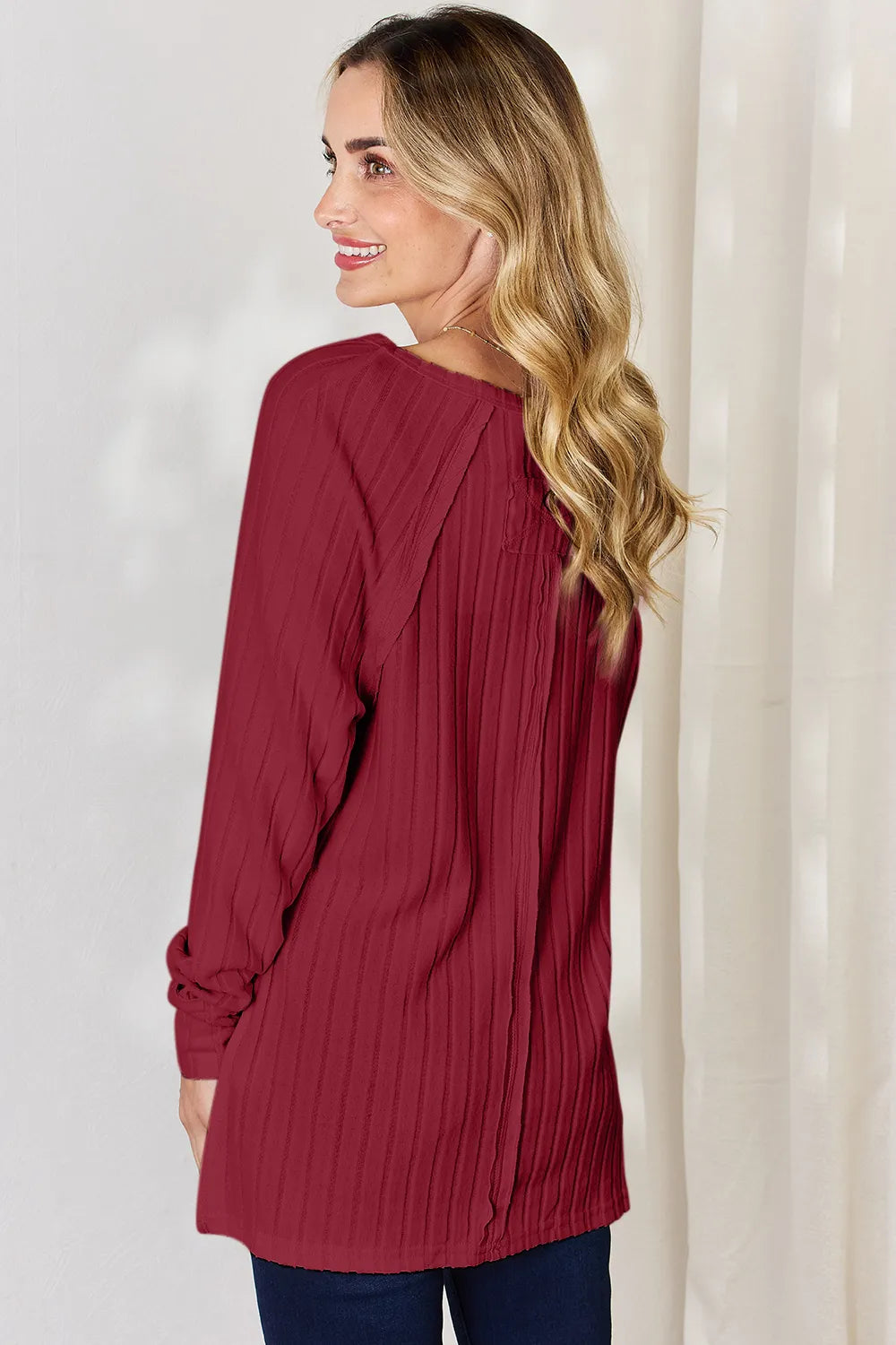 Plus Size Ribbed Round Neck Slit T-Shirt in Deep Red for Women