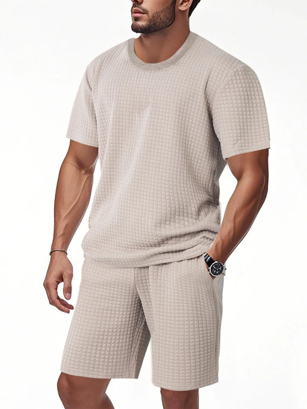 Textured Round Neck Top and Shorts Set Plus Size in Black for Men