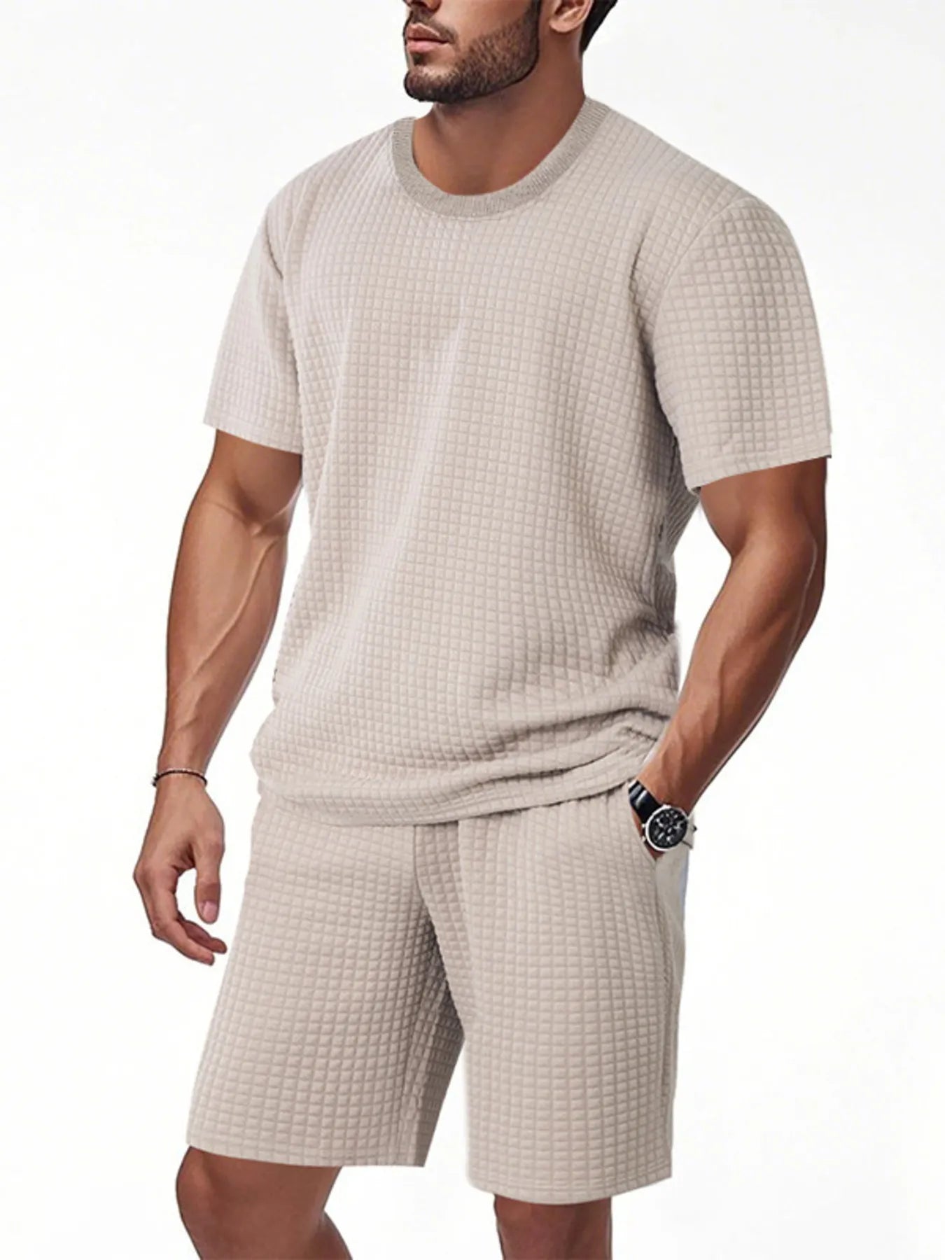 Textured Round Neck Top and Shorts Set Plus Size in Black for Men
