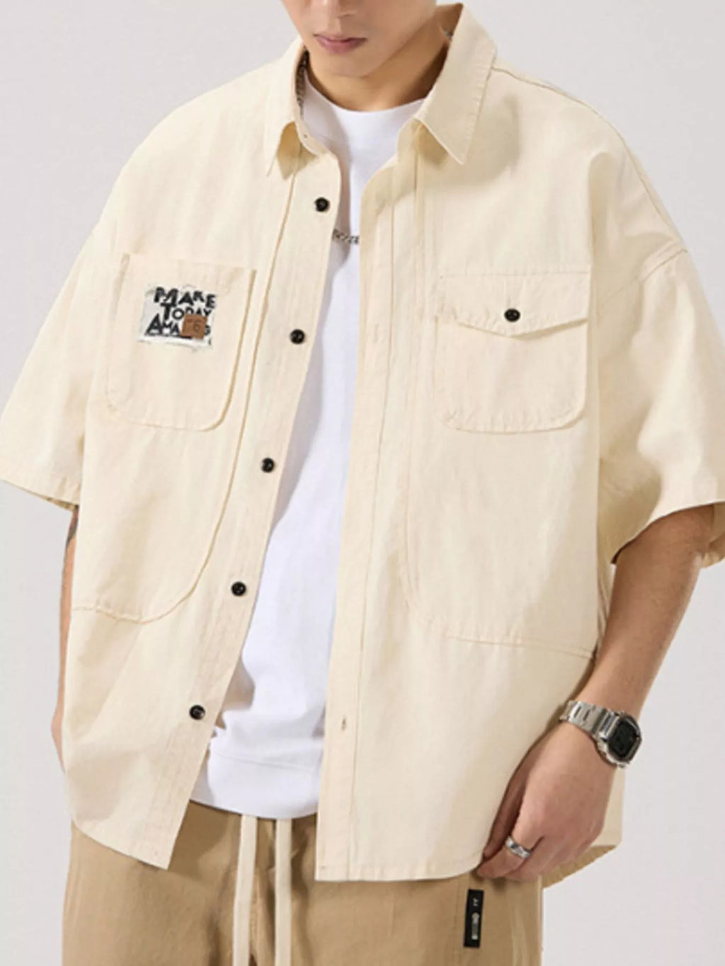 Button Up Short Sleeve Shirt Plus Size in Army Green in Light Apricot for Men