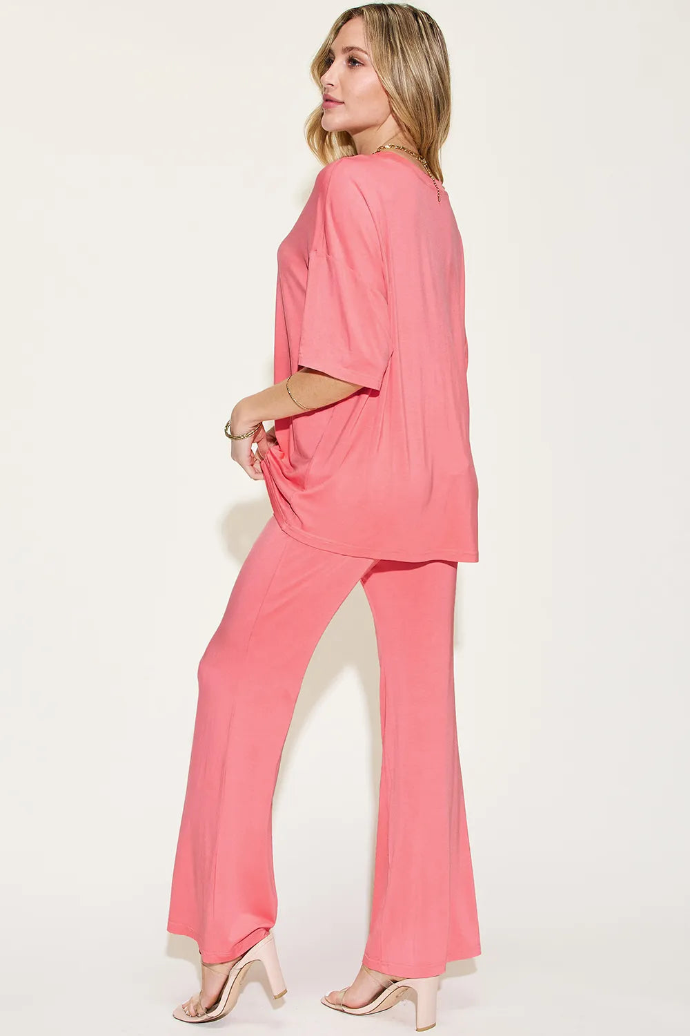 Plus Size Bamboo Drop Shoulder T-Shirt and Flare Pants Set in Black for Women