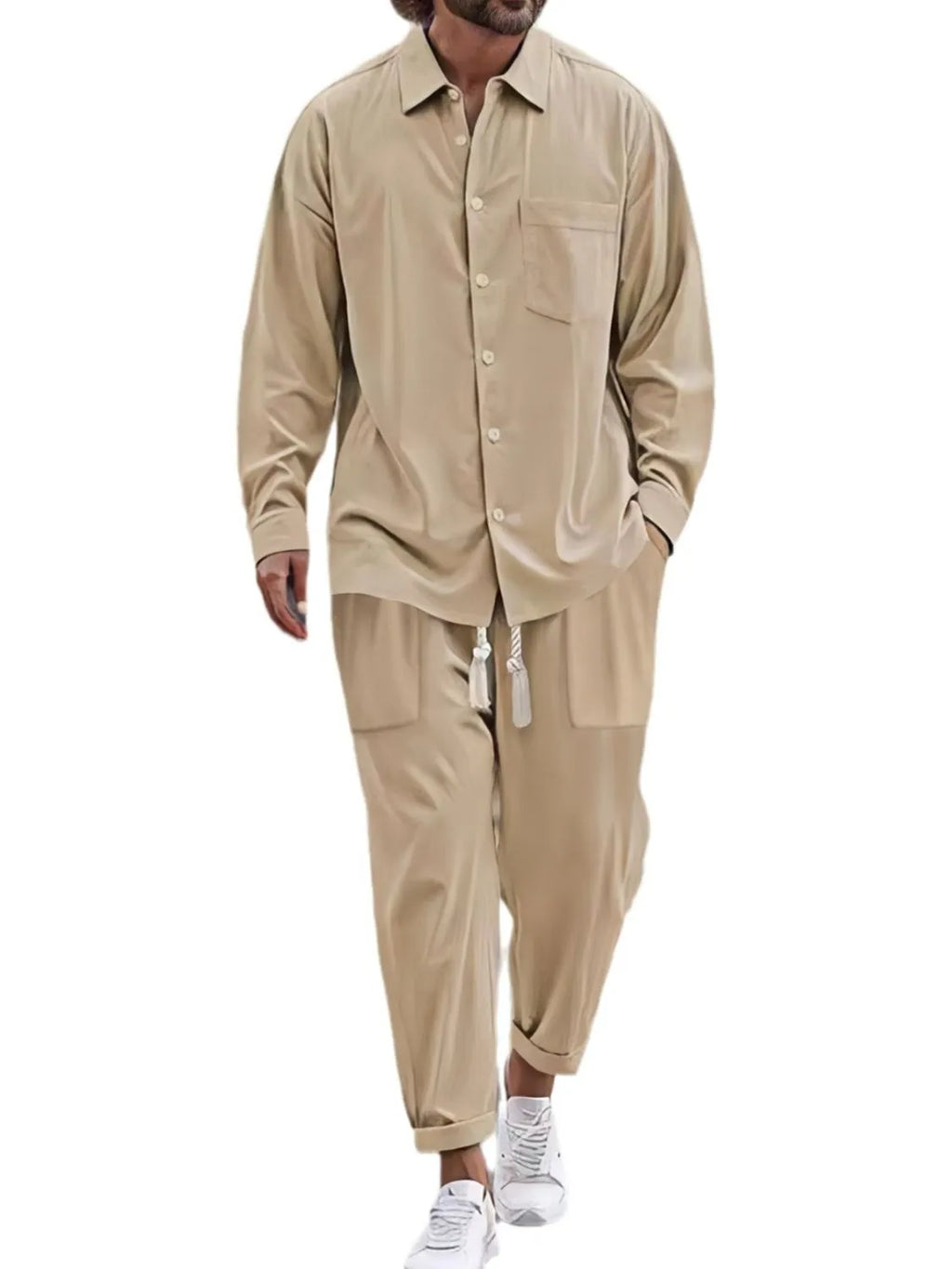 Button Down Long Sleeve Shirt and Pants Set in Light Blue in Navy for Men