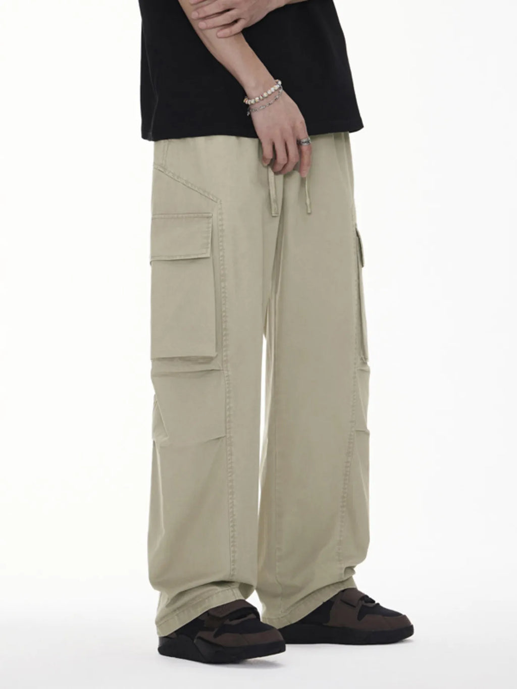 Plus Size Wide Leg Cargo Drawstring Pants in Black for Men