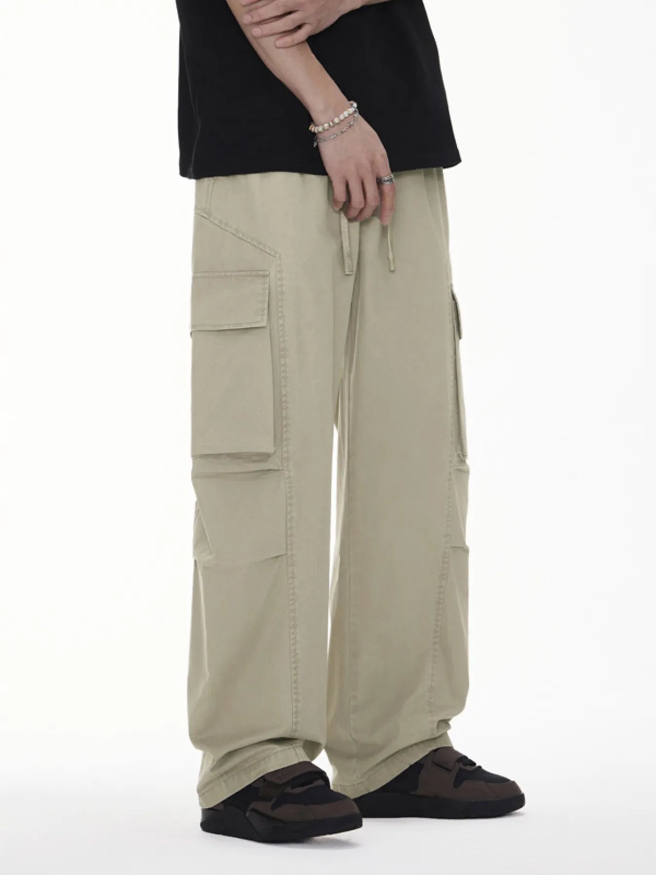 Plus Size Wide Leg Cargo Drawstring Pants in Black for Men