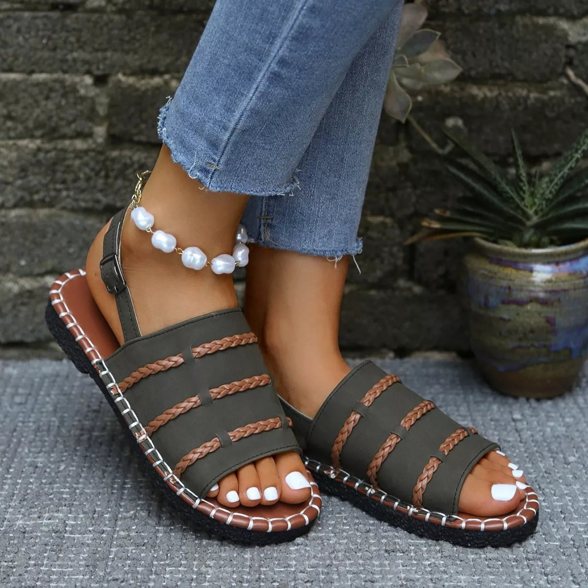 Open Toe Buckle Sandals in White for Women