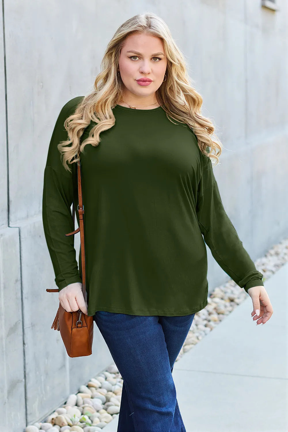 Plus Size Round Neck Dropped Shoulder T-Shirt in Army Green for Women