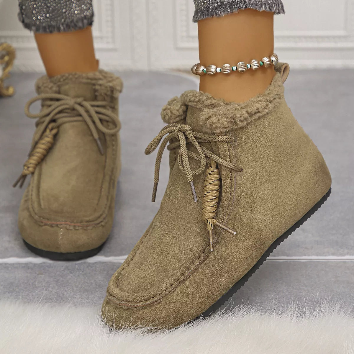 Plush Lined Ankle Boots in Brown for Women