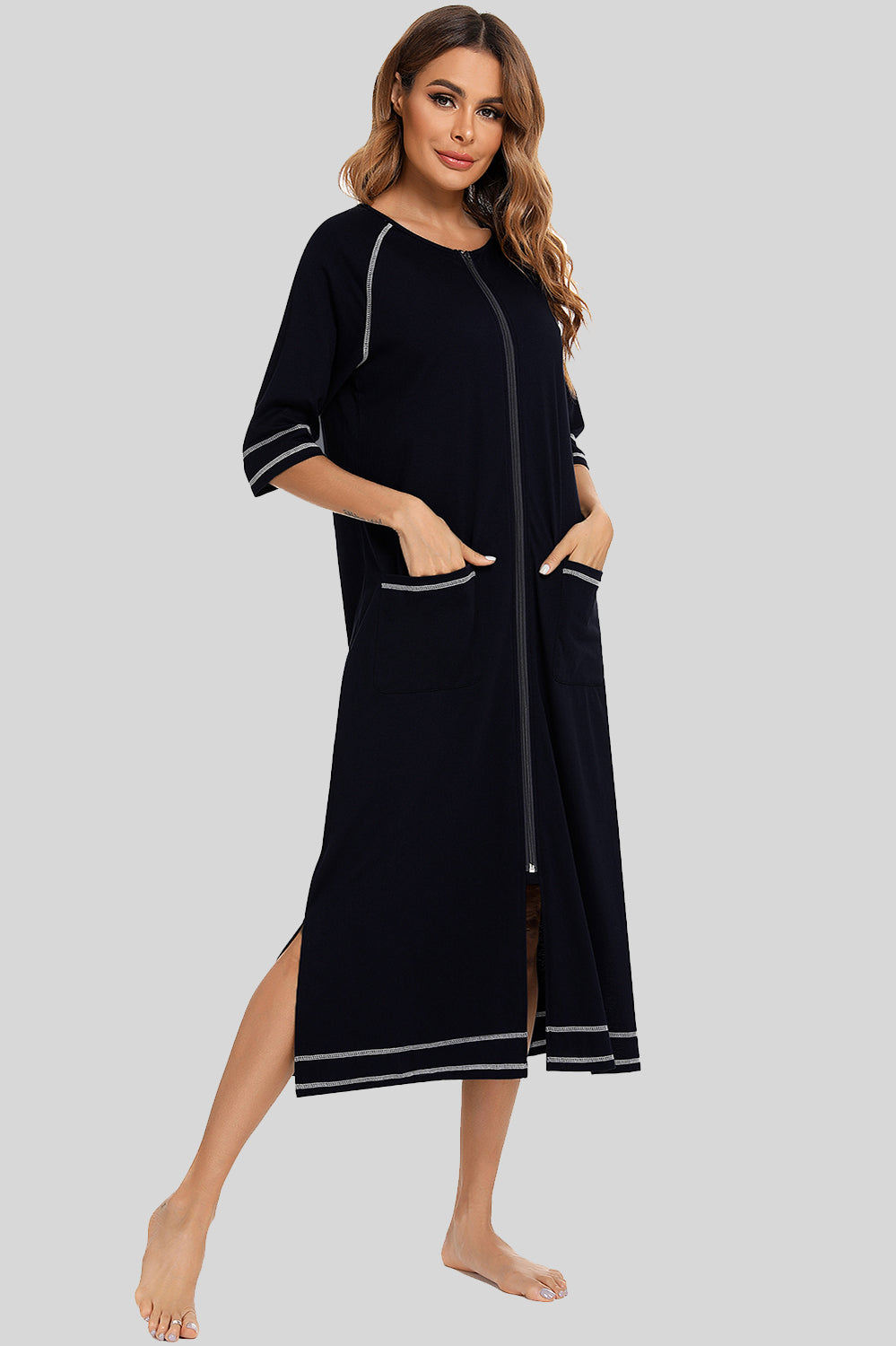 Zip Up Slit Round Neck Night Dress with Pockets in Burnt Umber for Women
