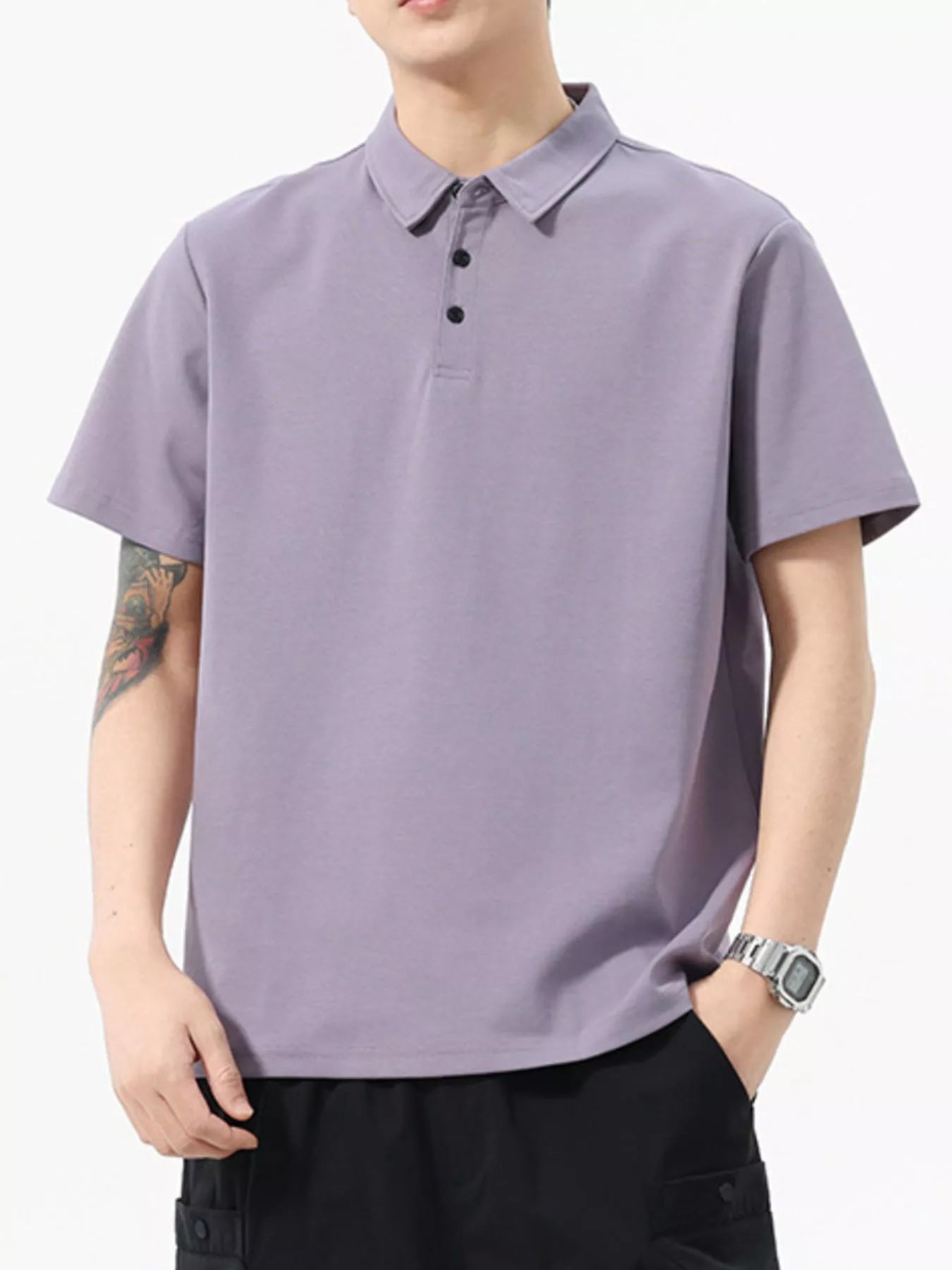 Button Detail Short Sleeve Polo Plus Size in White for Men