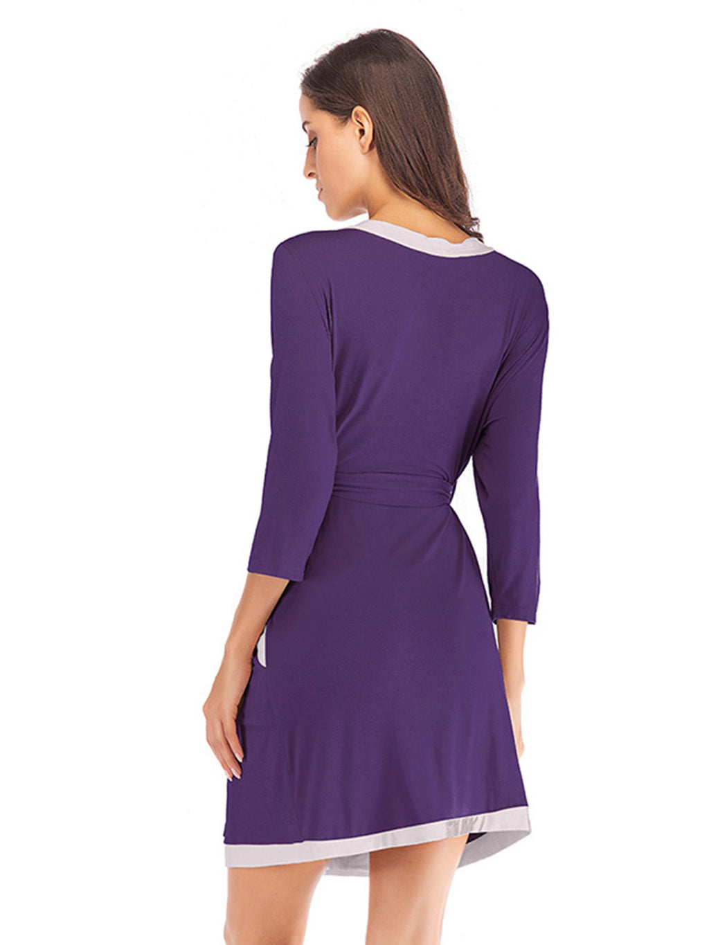 Tie Waist Surplice Neck Robe with Pockets in Wine for Women