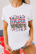 Patriotic Star Leopard USA Letter Graphic T-Shirt in White for Women