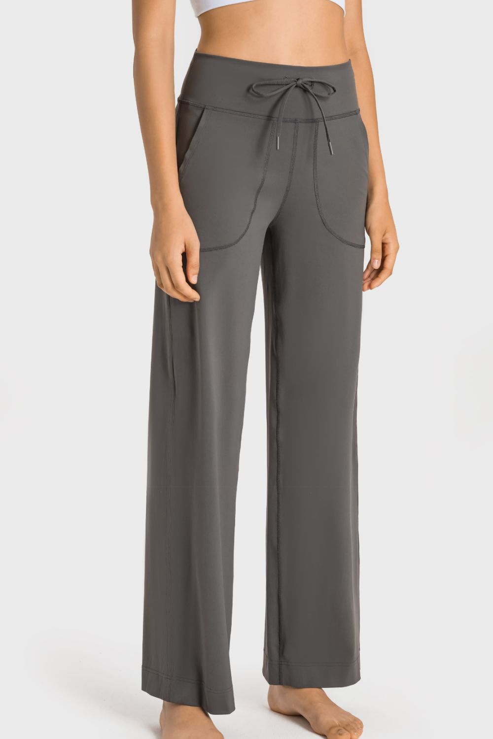 Drawstring Waist Wide Leg Sports Pants with Pockets in Gray for Women