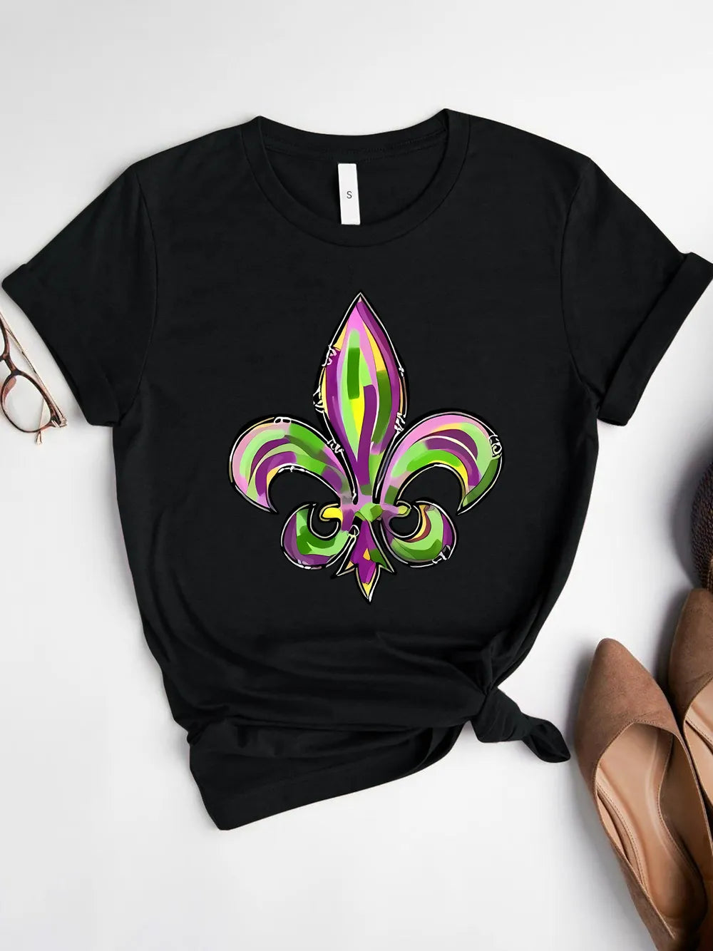 Mardi Gras Graphic Round Neck Short Sleeve T-Shirt in White for Women