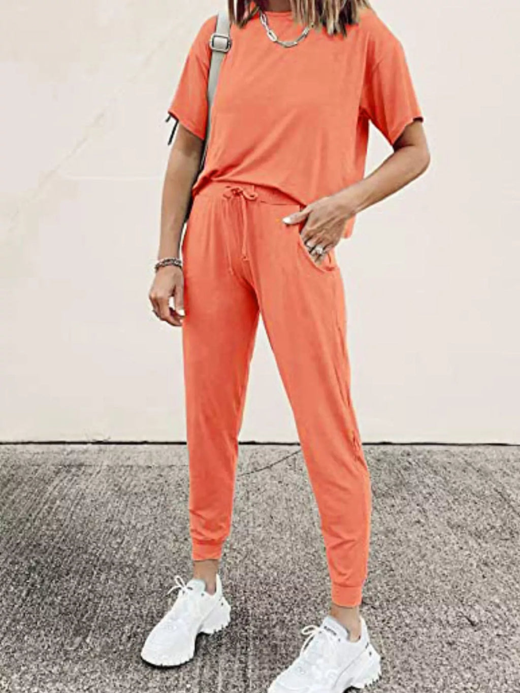 Round Neck Top and Drawstring Pants Set Plus Size in Grey for Women