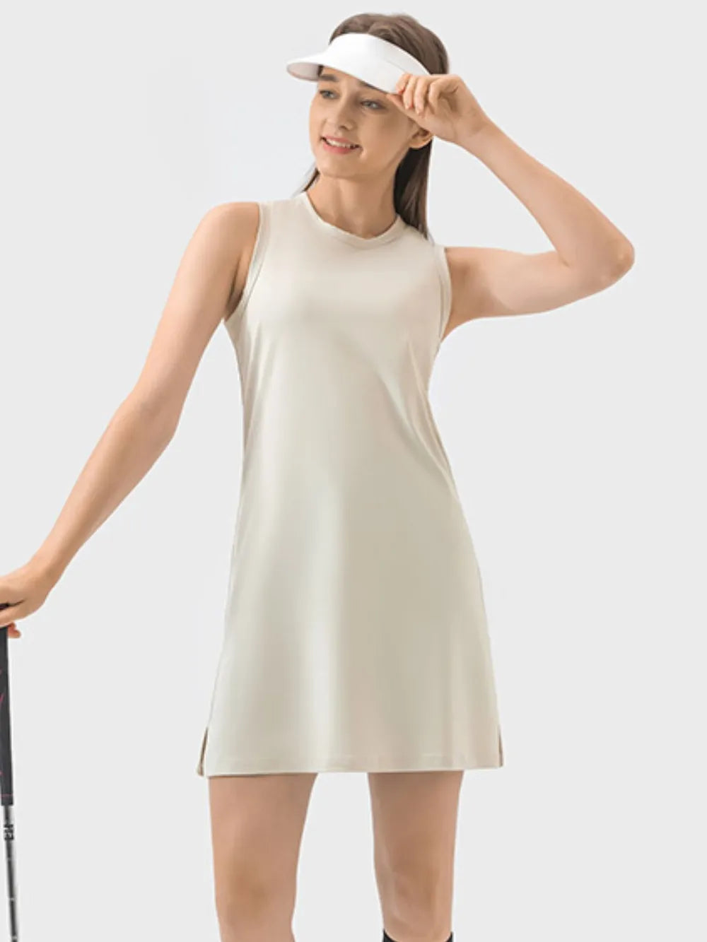 Round Neck Sleeveless Active Dress in Dark Green for Women