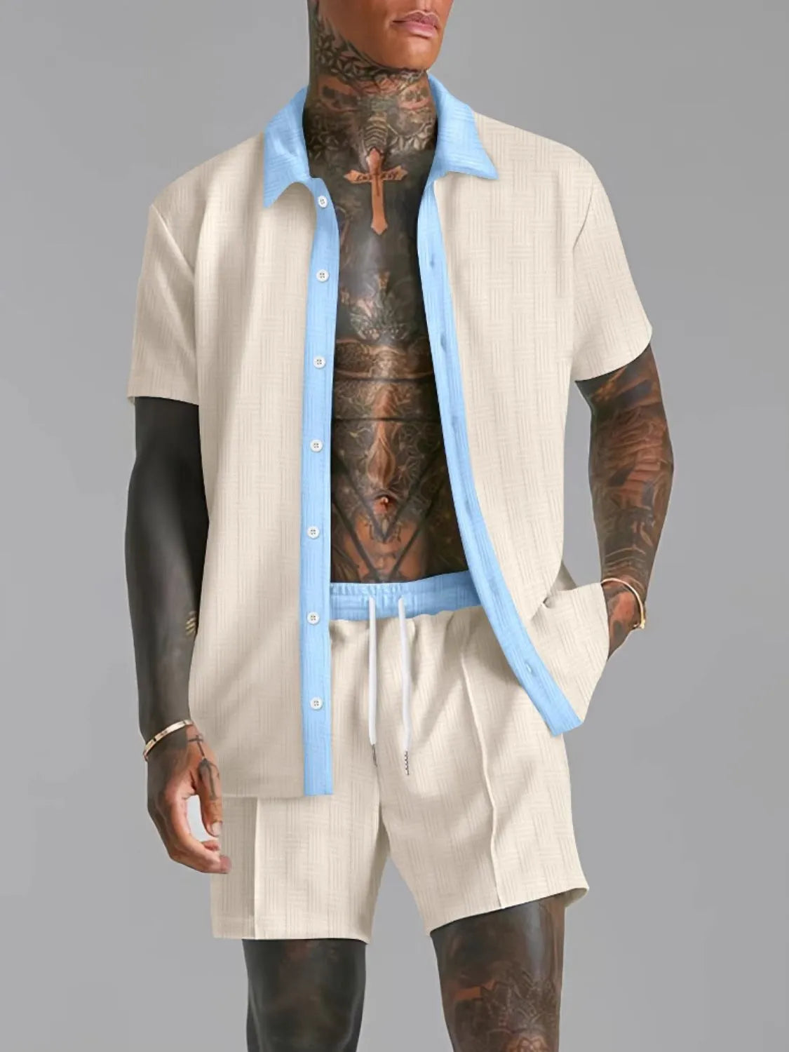 Collared Neck Short Sleeve Top and Shorts Set Plus Size in Tan for Men