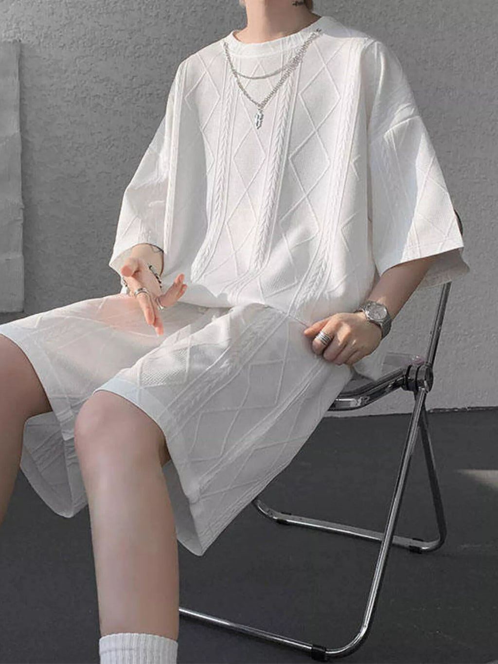 Plus Size Textured Relaxed Fit Top and Shorts Set in Apricot for Men