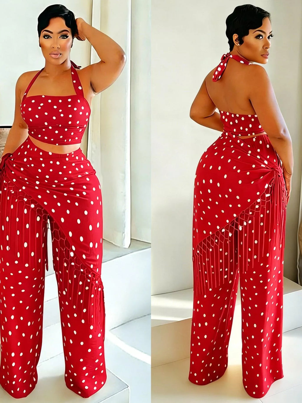 Polka Dot Halter Neck Cami and Fringe Trim Pants Set in Red for Women