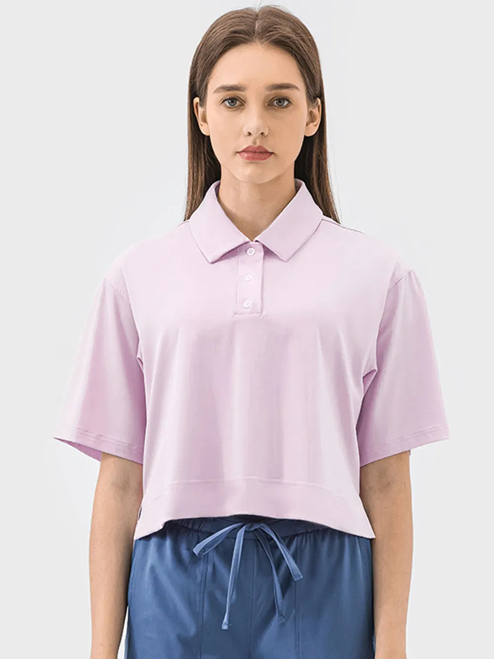 Half Button Short Sleeve Active T-Shirt in Beige for Women