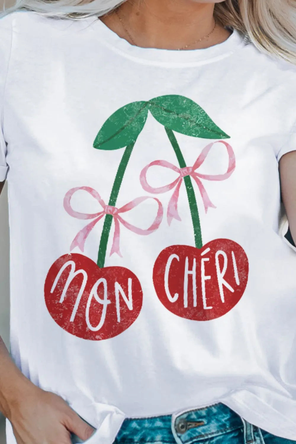 Cherry Round Neck Short Sleeve T-Shirt in White for Women