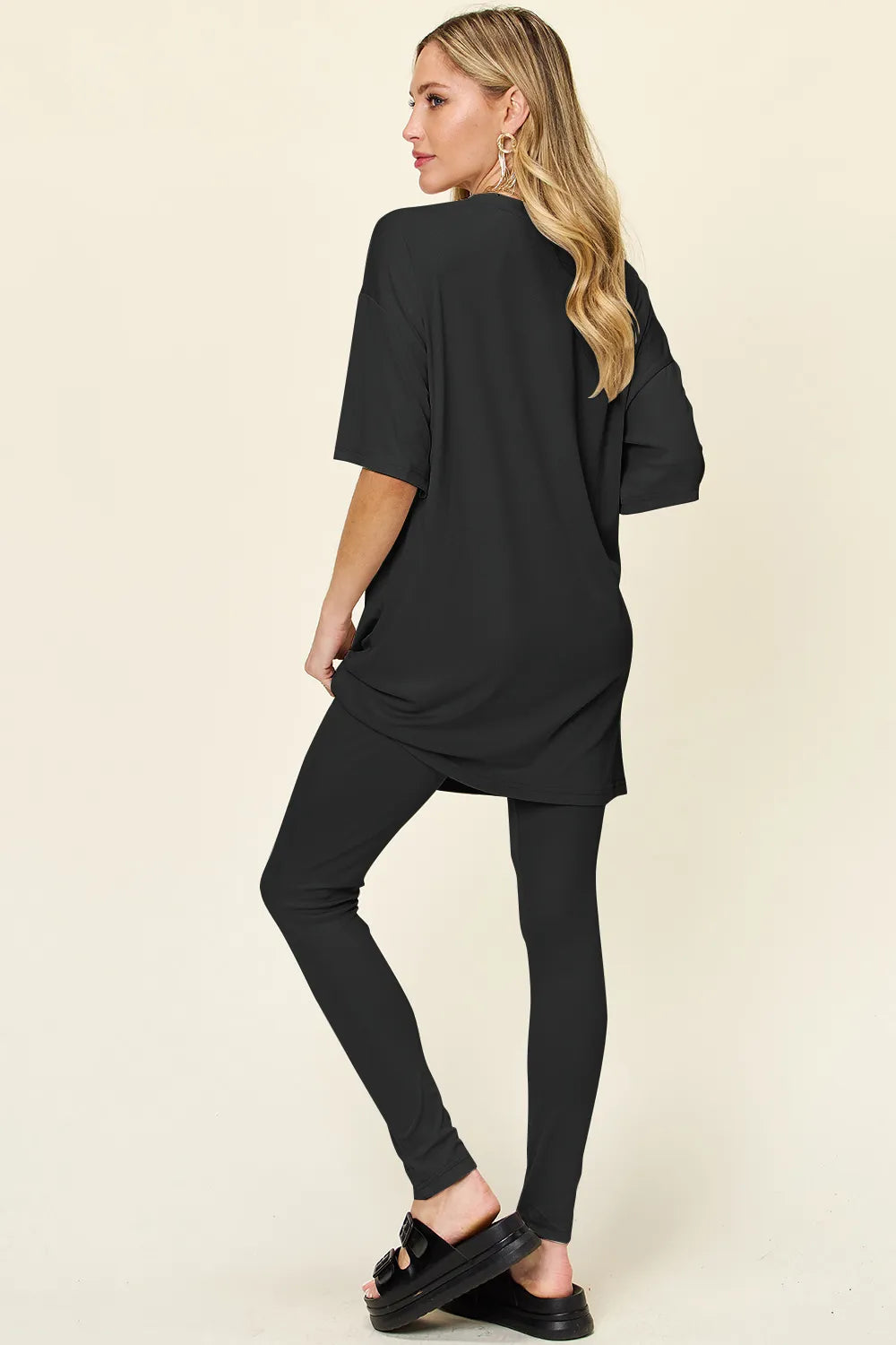 Plus Size Round Neck Dropped Shoulder T-Shirt and Leggings Set in Dusty Pink for Women