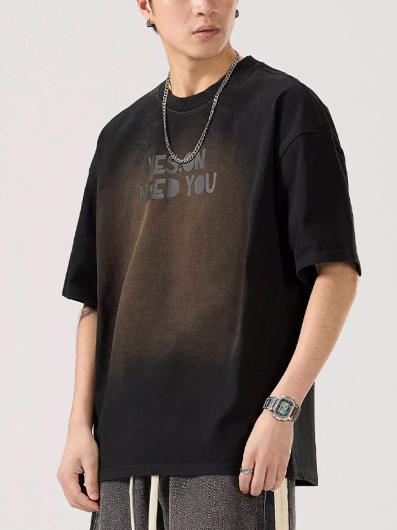 Letter Round Neck Short Sleeve T-Shirt Plus Size in Washed Gray for Men
