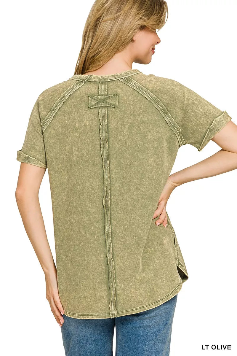 French Terry Washed Curved Hem Top in Light Olive for Women