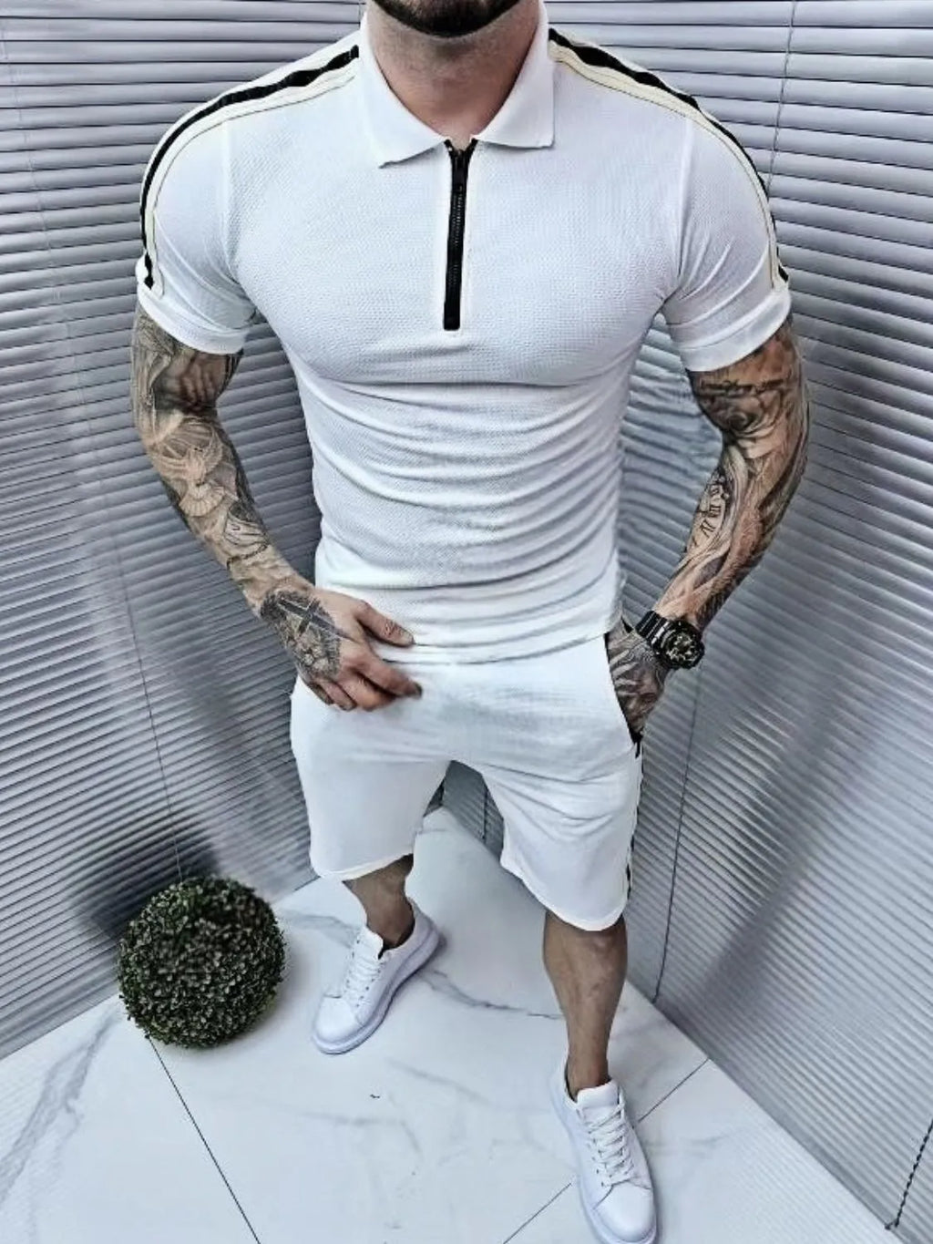 Collared Neck Short Sleeve Top and Shorts Set in White for Men