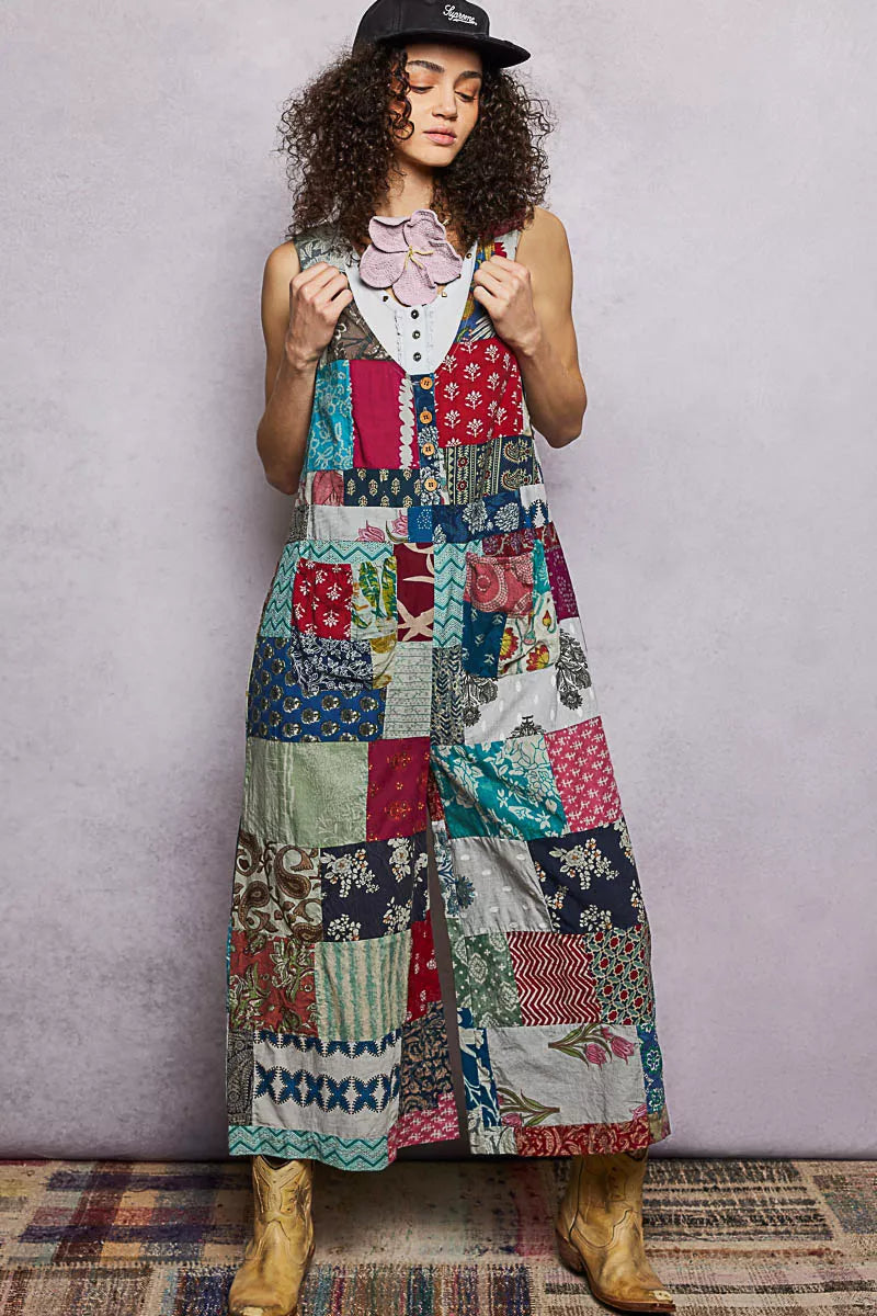 Sleeveless Patchwork Wide Leg Jumpsuit in Sage Multi for Women