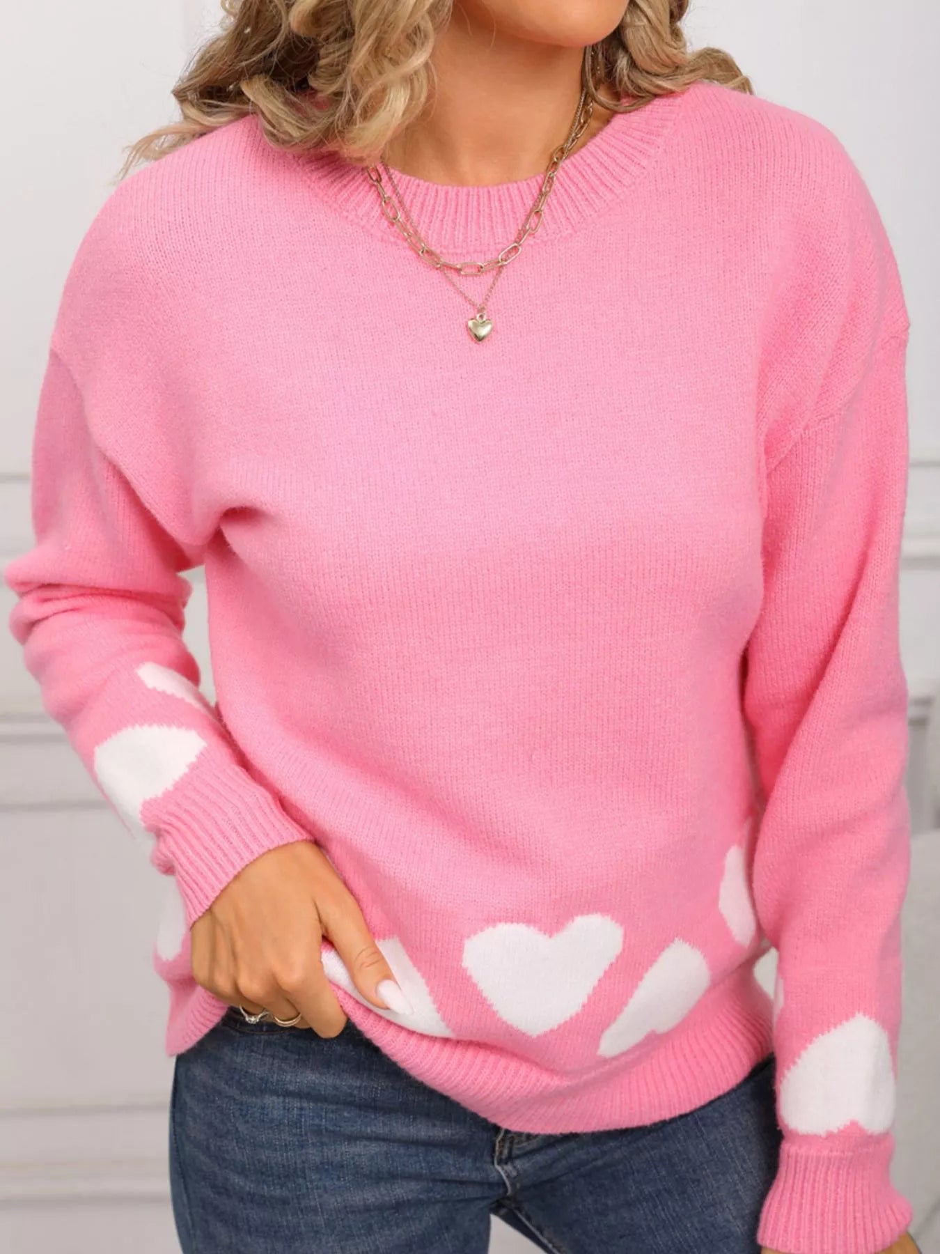 Valentines Day Heart Crew Neck Sweater in Red in Pink for Women