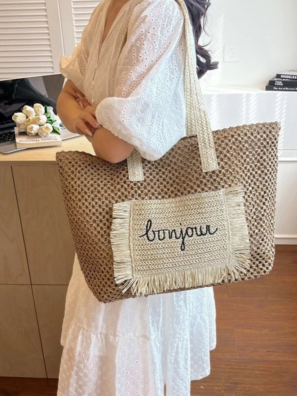 Fringe Straw Shoulder Bag for Women