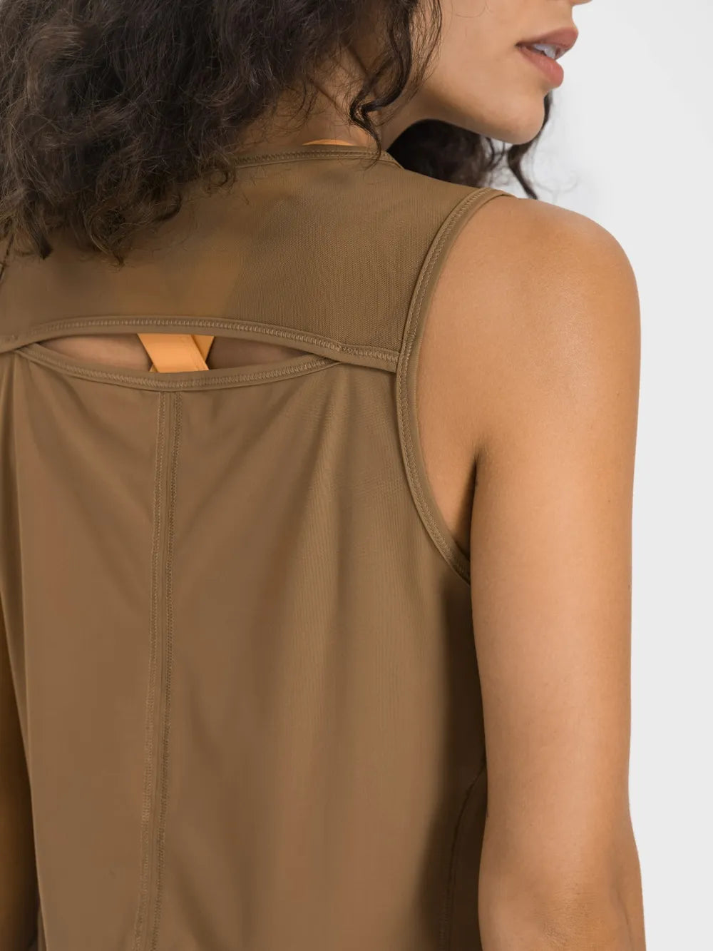 Cutout Back Round Neck Active Tank in Camel for Women