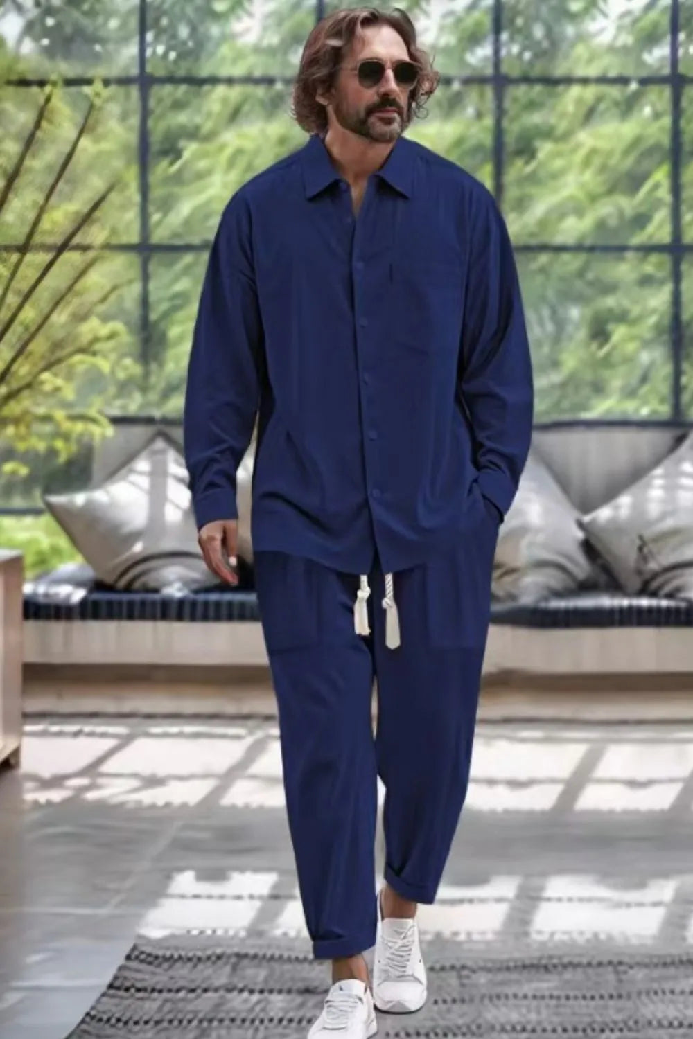 Collared Neck Long Sleeve Top and Pants Set Plus Size in Light Blue for Men