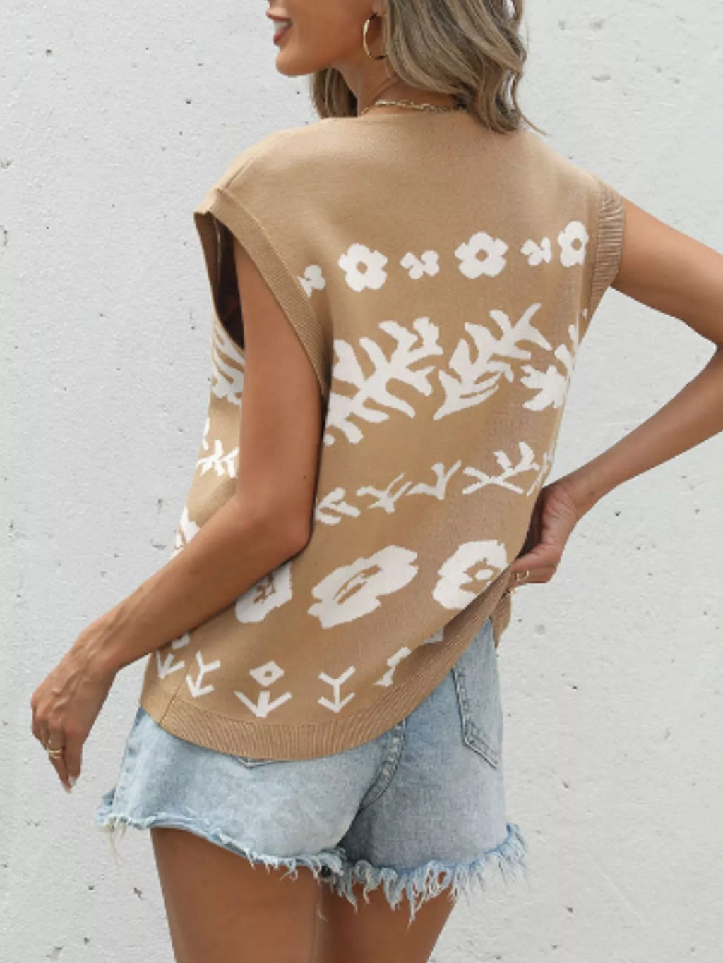 Floral V-Neck Cap Sleeve Cardigan in Khaki for Women