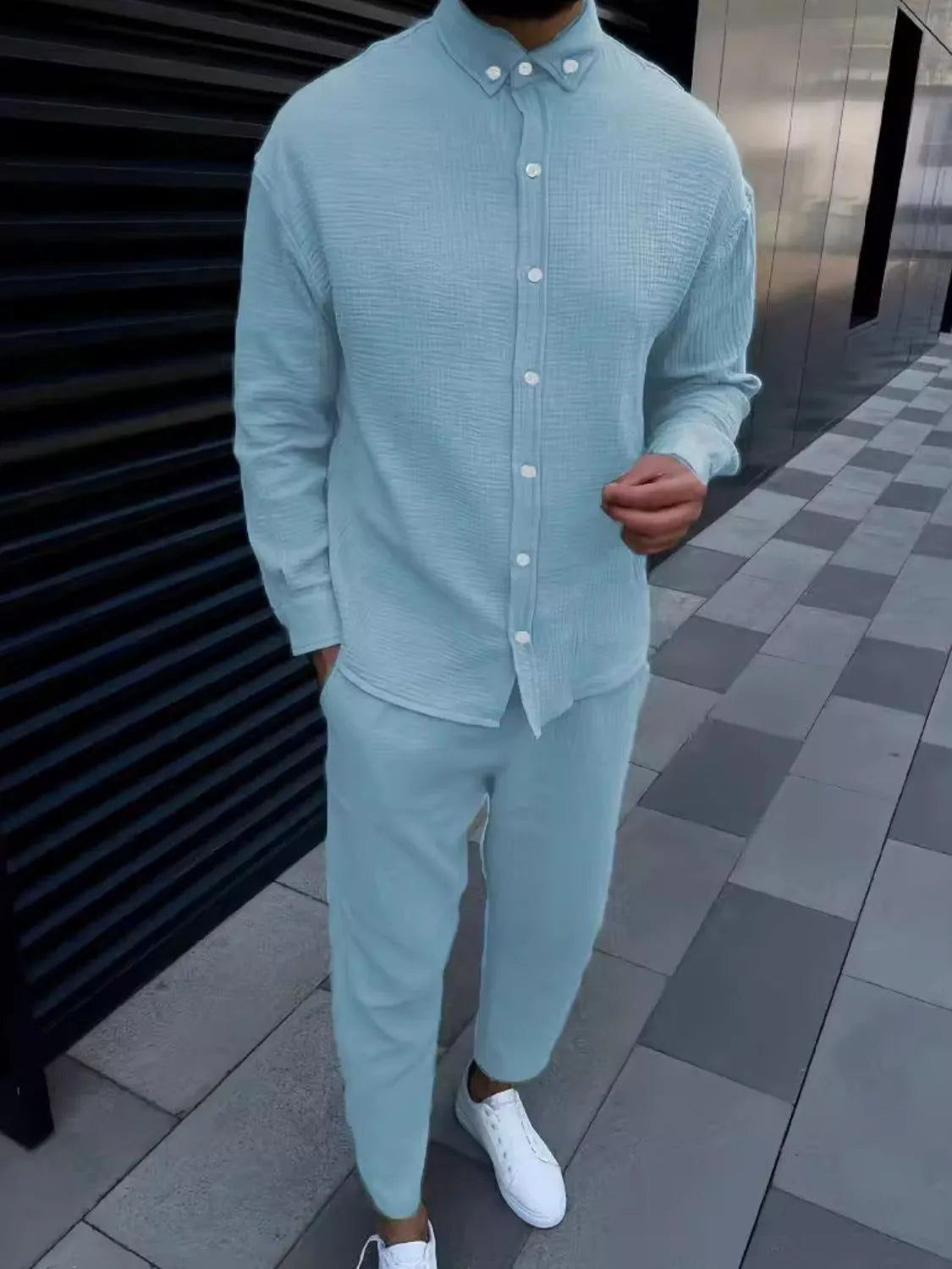 Button Down Long Sleeve Shirt and Pants Set in White for Men