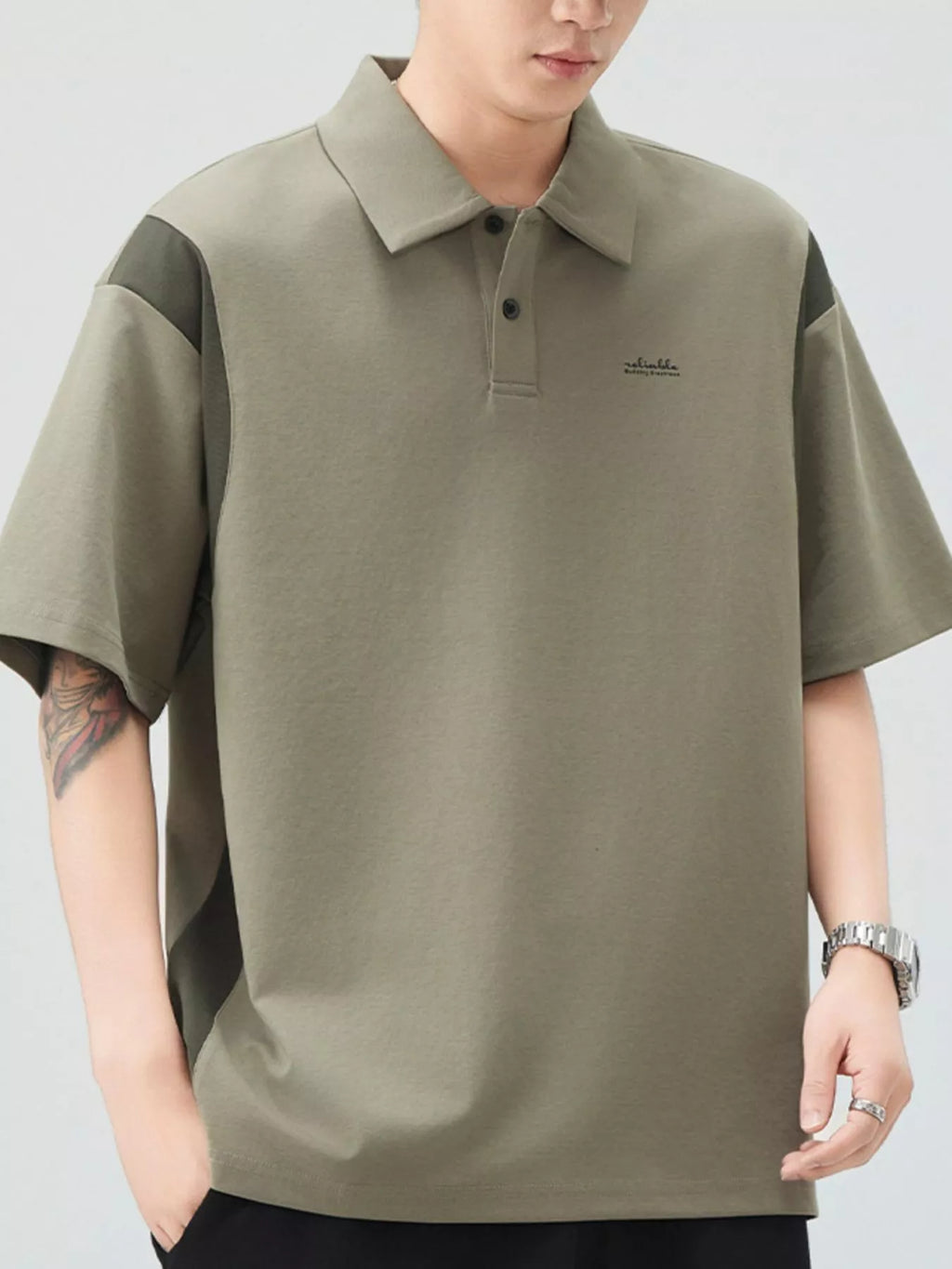 Plus Size Button Detail Short Sleeve Polo in Khaki Green for Men