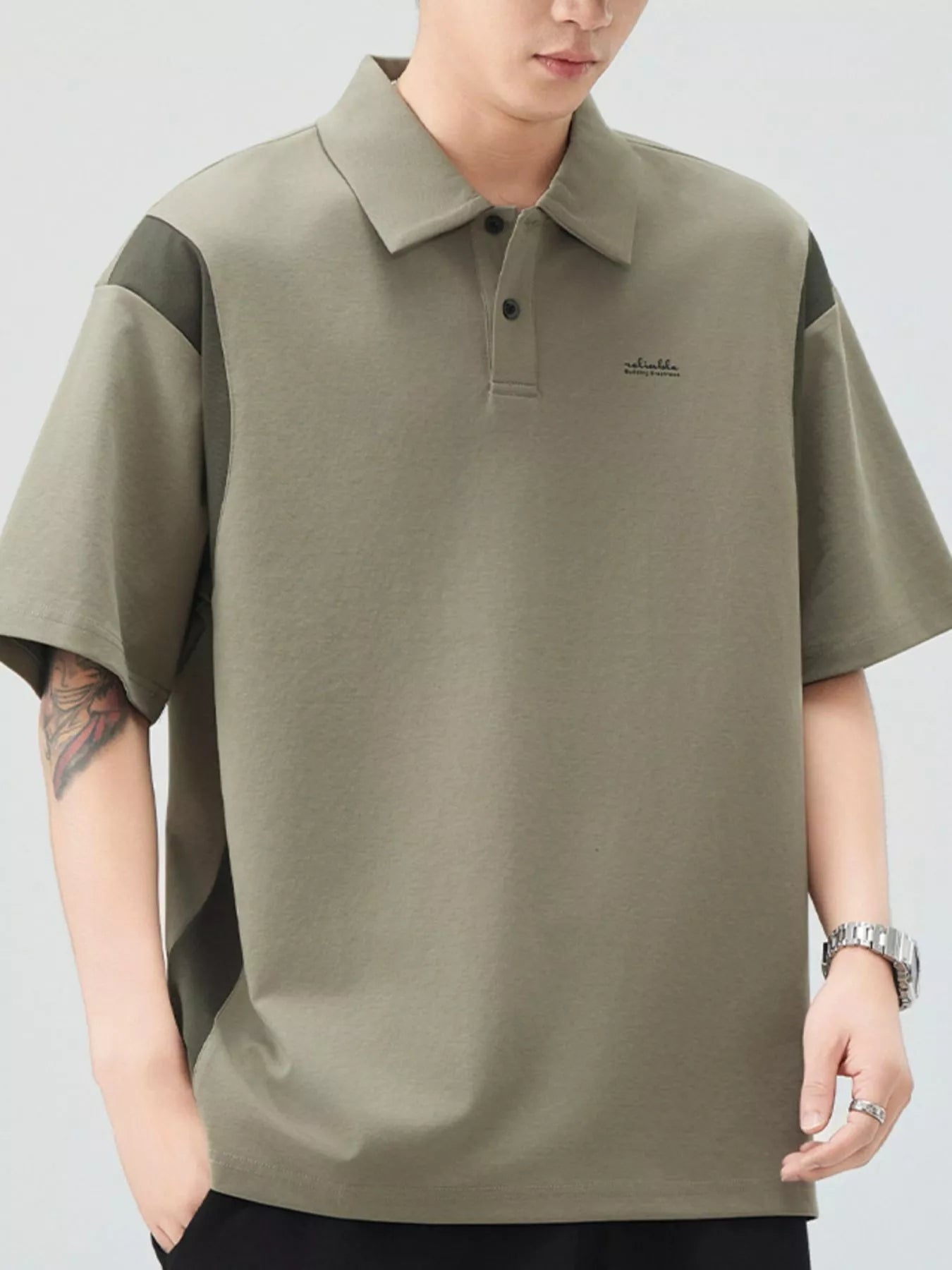 Plus Size Button Detail Short Sleeve Polo in Khaki Green for Men