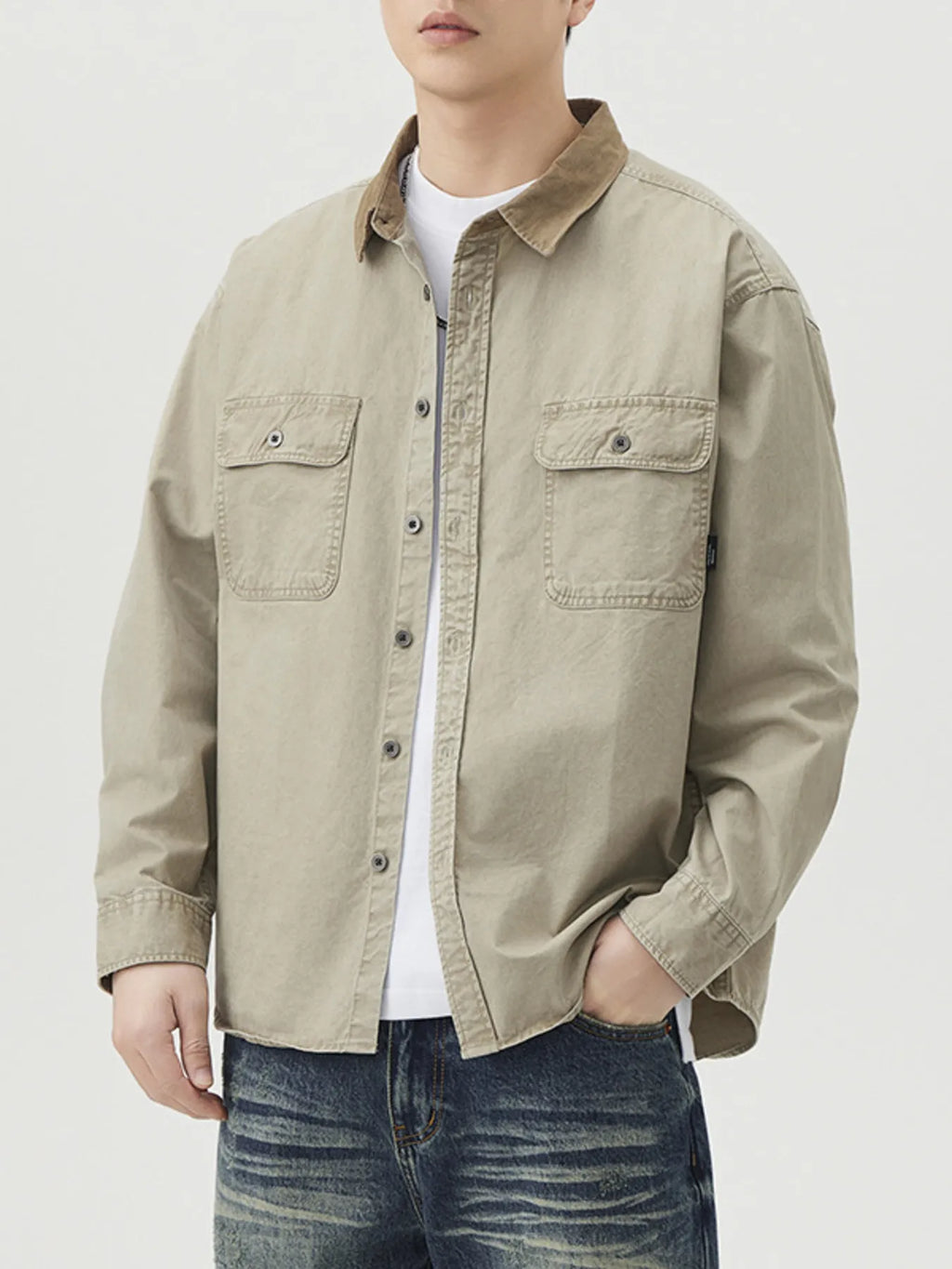 Plus Size Button Up Long Sleeve Shirt in Khaki for Men