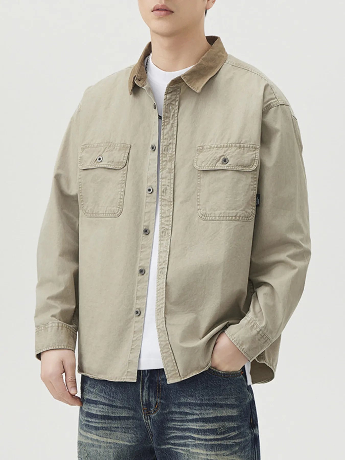 Plus Size Button Up Long Sleeve Shirt in Khaki for Men