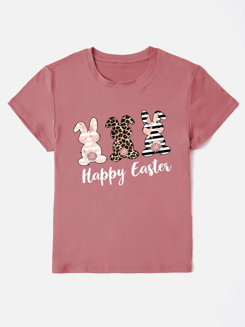 Happy Easter Round Neck Short Sleeve T-Shirt in Blush Pink in Black for Women