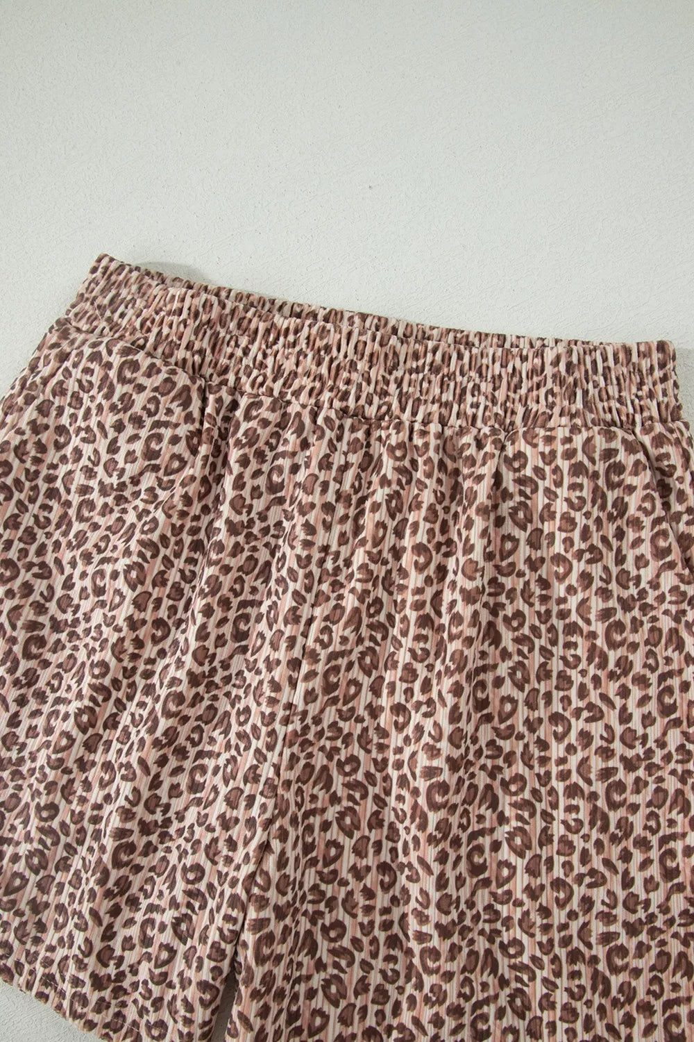 Leopard Print Ribbed Patchwork Half Button Loose Tee Elastic Waist Shorts Two-Piece Set for Women