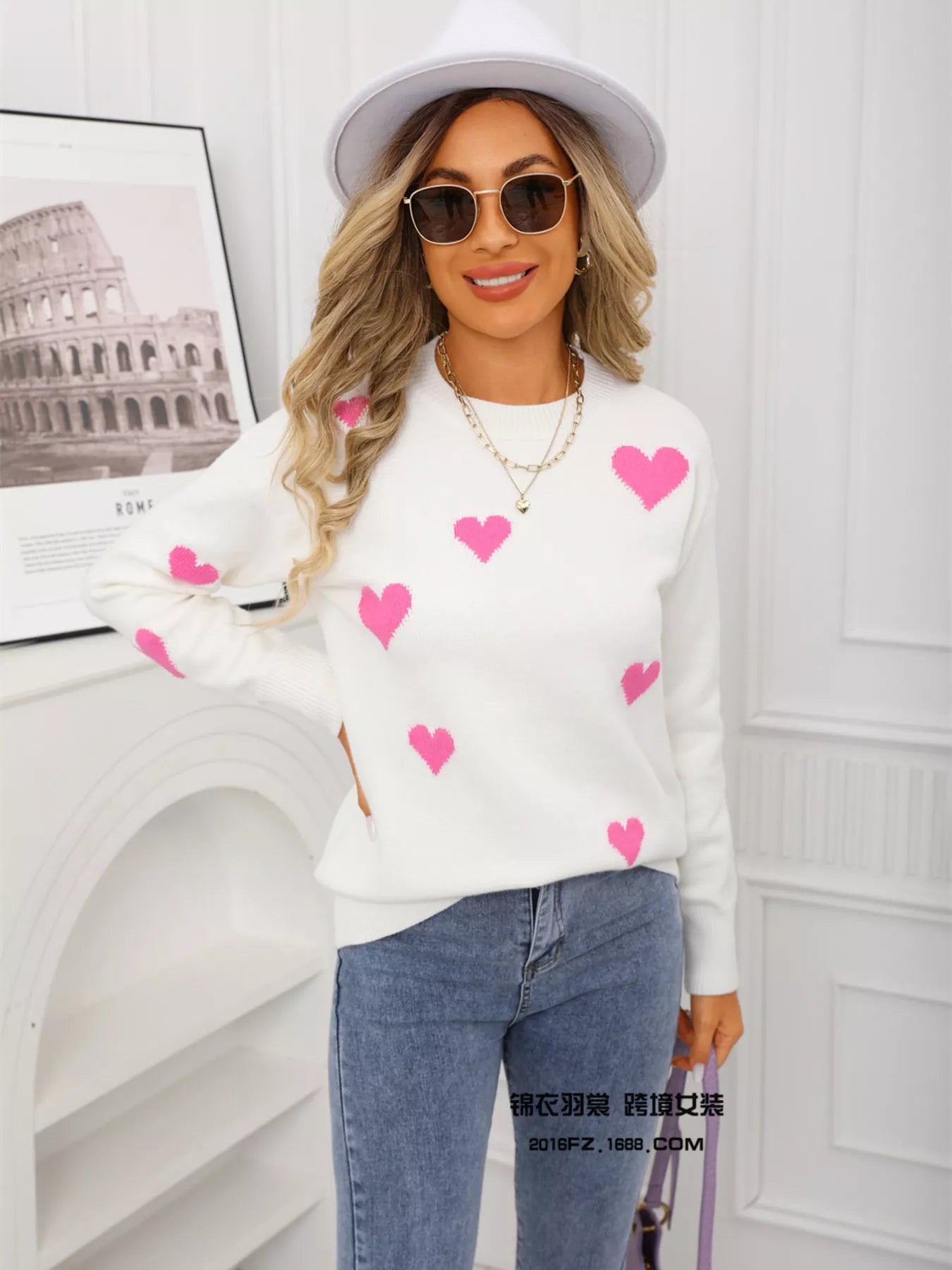 Valentines Day Heart Print Round Neck Sweater for Women