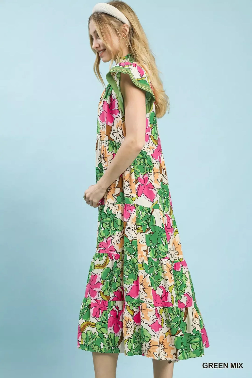 Mix Bold Floral Tiered Midi Dress in Green Mix for Women