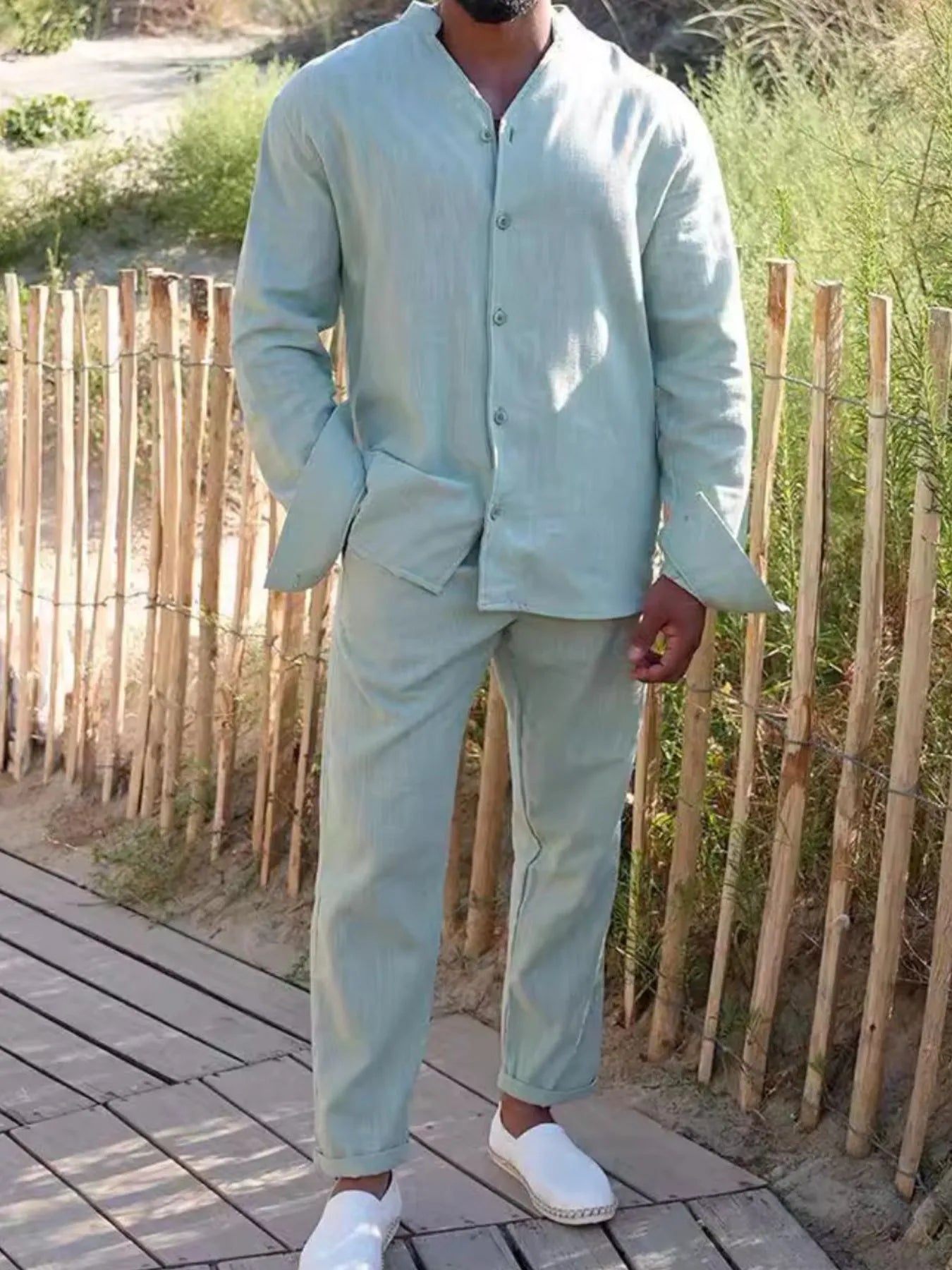 Button Up Long Sleeve Top and Pants Set in Beige for Men