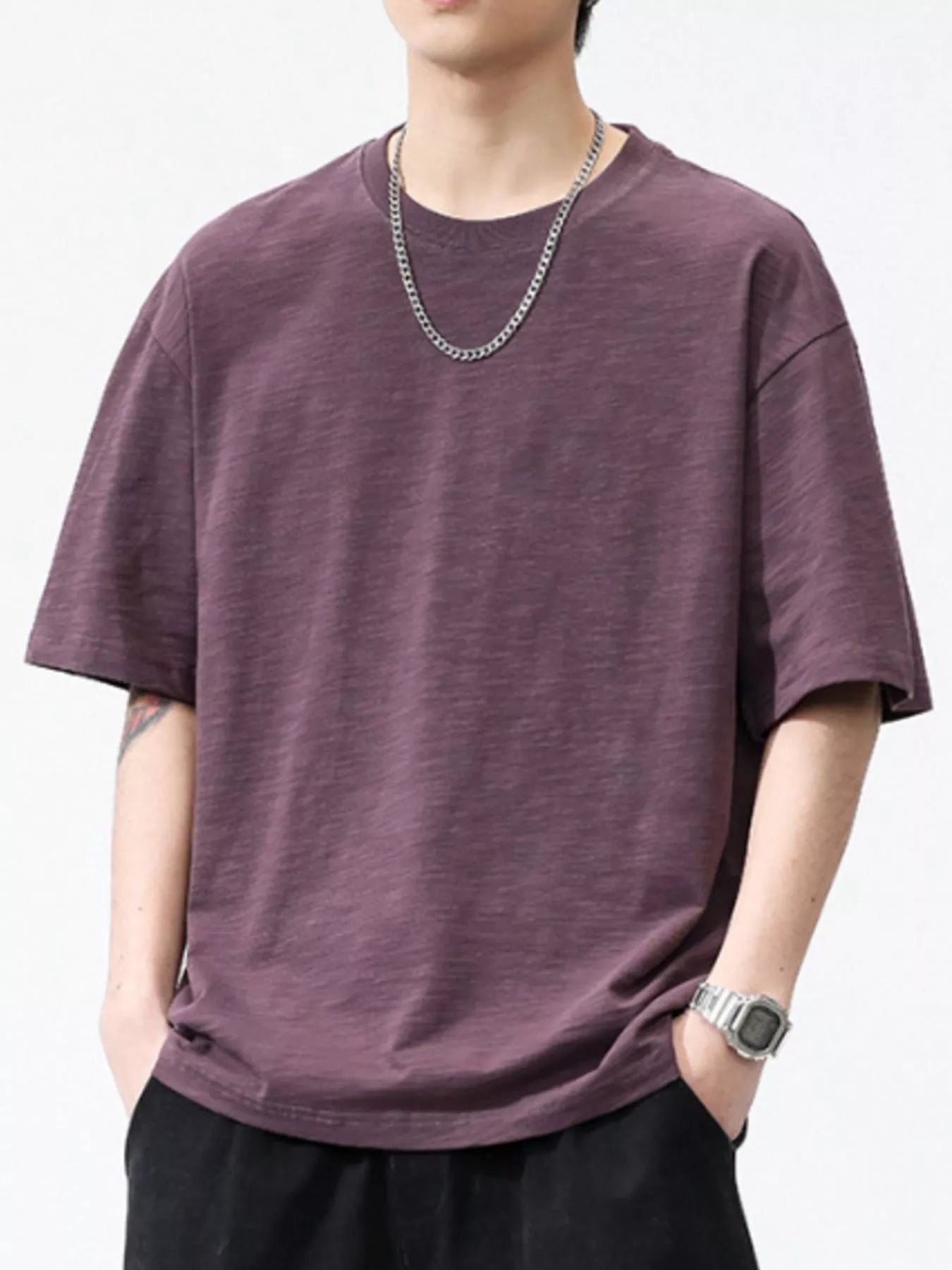 Plus Size Round Neck Half Sleeve T-Shirt in White in Khaki for Men