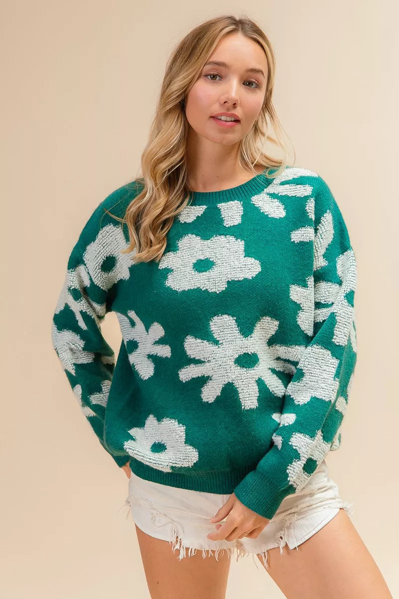 Flower Pattern Long Sleeves Sweater Top for Women