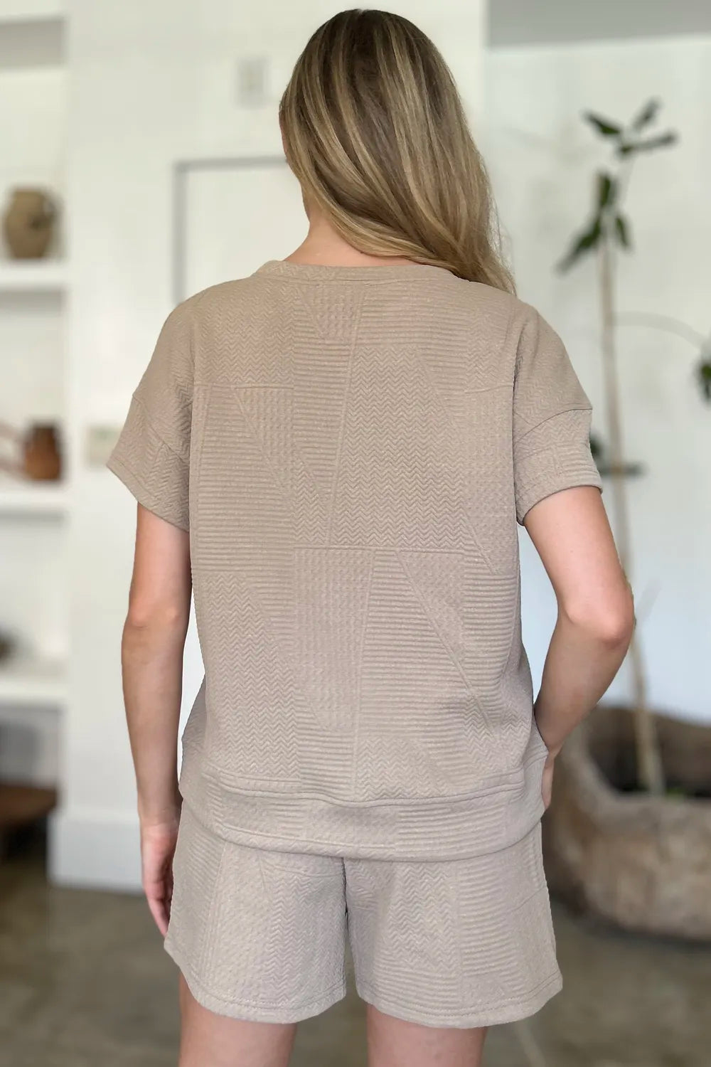 Plus Size Texture Short Sleeve Top and Shorts Set in Khaki for Women