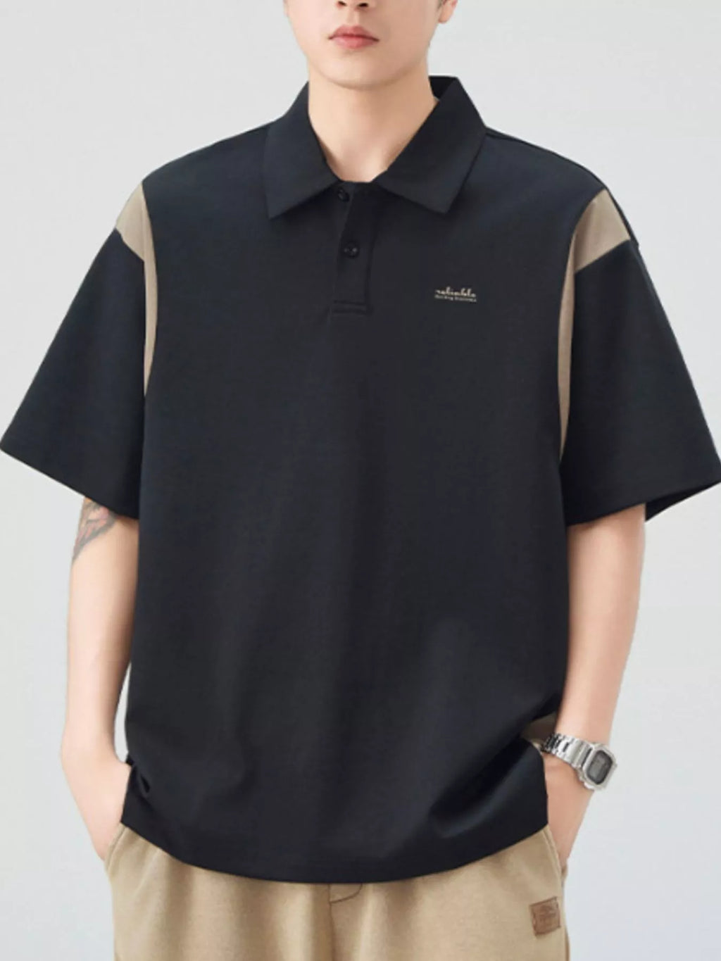 Plus Size Button Detail Short Sleeve Polo in Khaki Green for Men
